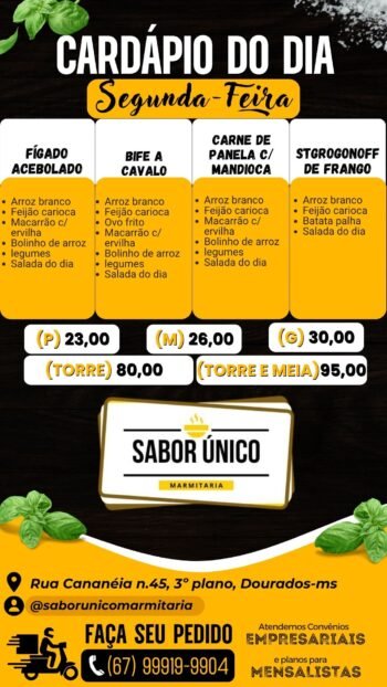 Cardápio de Segunda-Feira da Sabor Único Marmitaria 🍛
